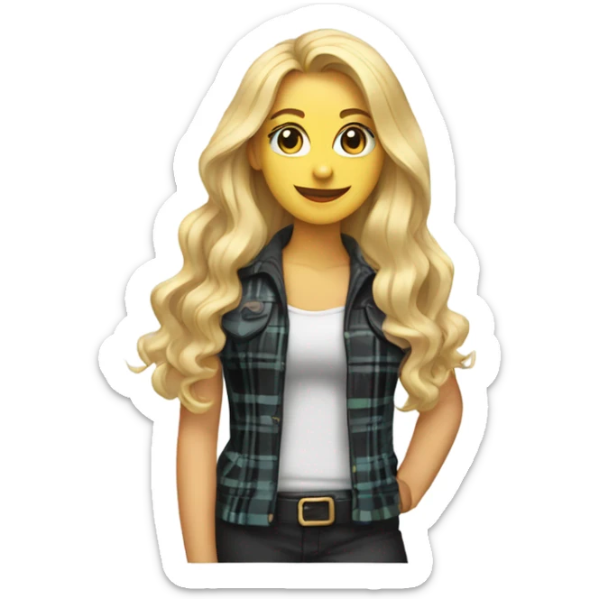 A lady with long blonde hair and a plaid jacket and a black tank top sticker