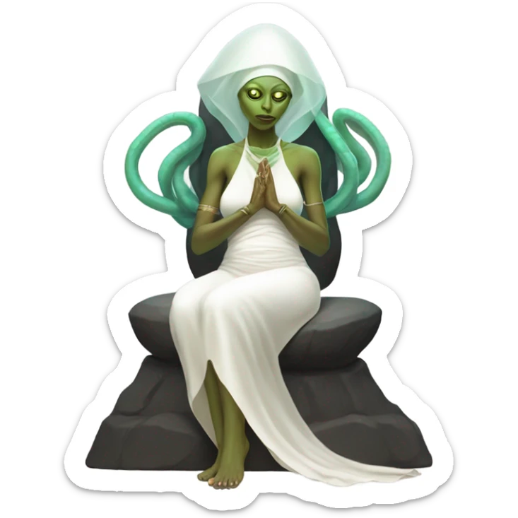 a Reptilian alien woman, pregnant, in meditation, white dress like a priestess sticker