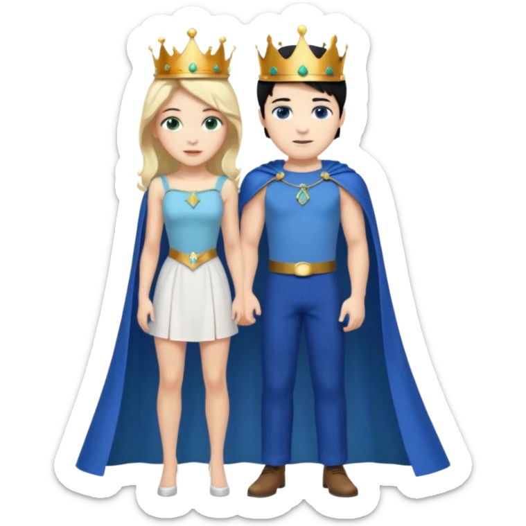 Prince with crown, blue cape and trousers, body and legs, black hair, blue eyes, woman blonde hair, green eyes, sexy white short sleveless dress,  sticker