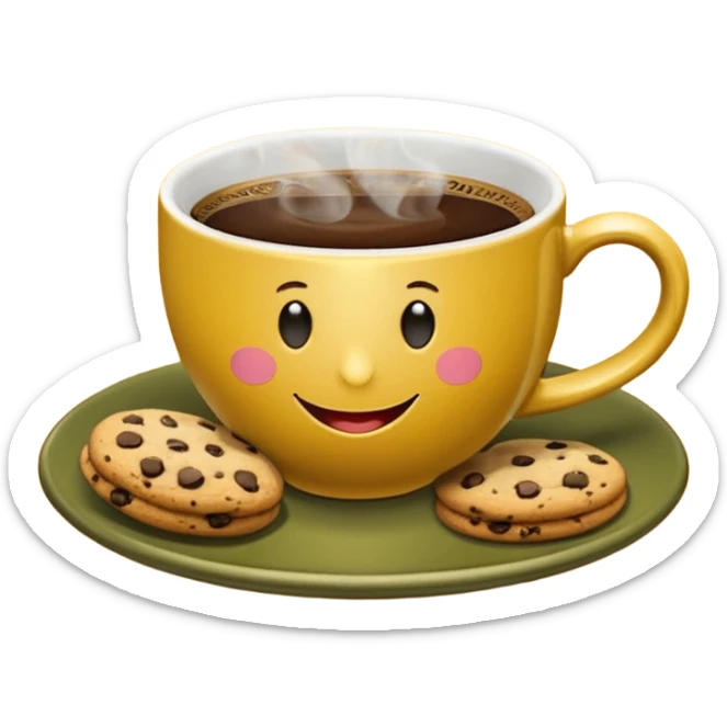 A cup of coffee, steaming, the smoke is heart-shaped, the cup is mustard yellow, the cup has a happy face printed on it, the cup sits on an olive green saucer, and there are cookies around the cup. sticker