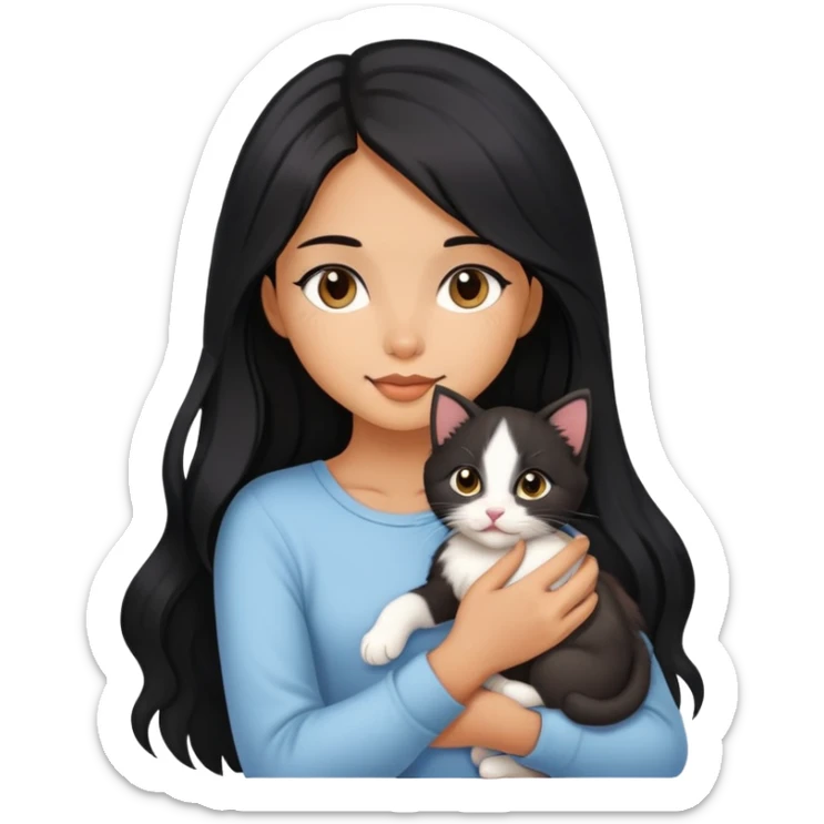 Beautiful girl with long black hair holding a cute kitten in her arms sticker