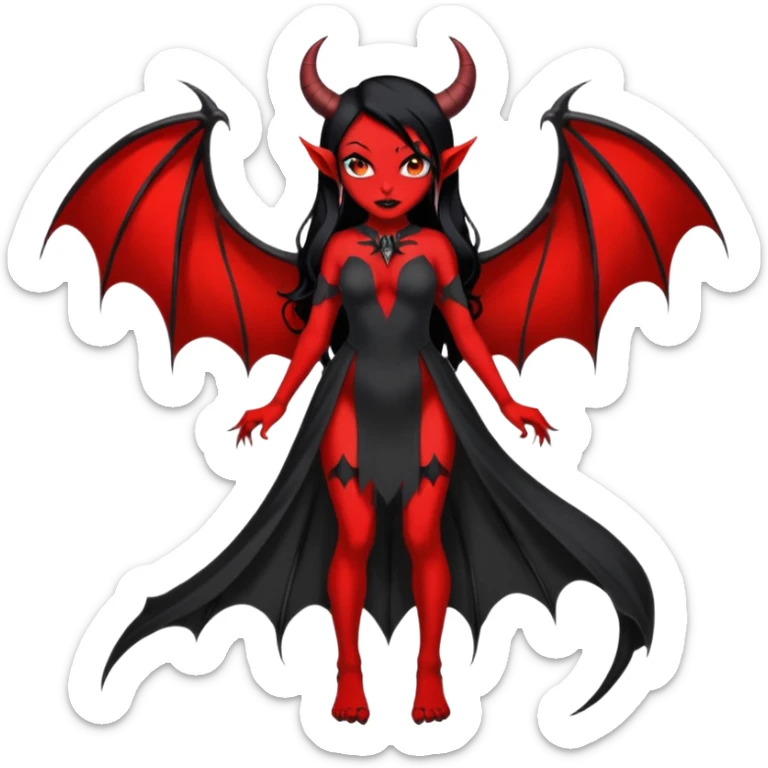 Full red-skin demon girl (entire body red), long black hair, small red horns, pointed ears, single bat wing, black open-back dress, bold tattoo-flash comic linework, red/black/gray, dark background, no text. sticker