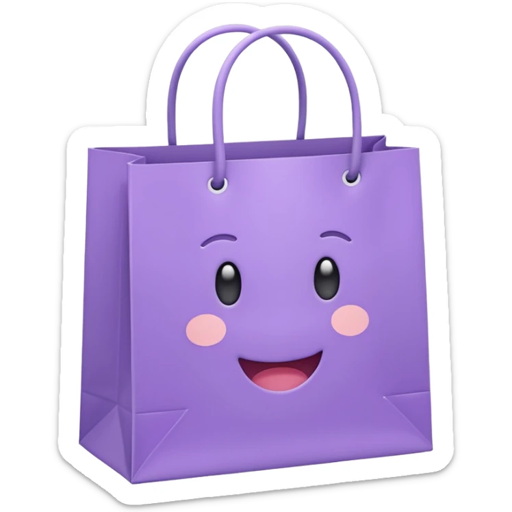 A cute emoji-style illustration of a purple paper shopping bag, pastel purple color, rounded shape, simple clean lines, kawaii style, soft shading, minimal details, centered composition, transparent background sticker