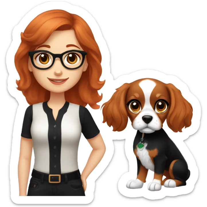 Auburn red-haired girl with bangs and short hair and black glasses and black clothes presenting a Blenheim Cavalier puppy sticker
