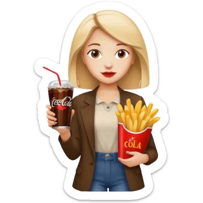 a young woman full length with cola in one hand and french fries in the other hand and a painting under her arm sticker