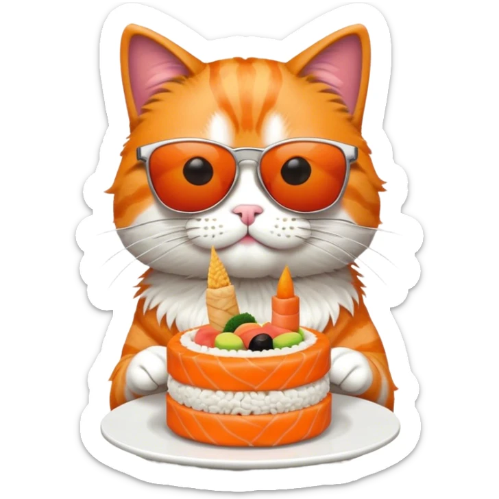 cool cat wearing sunglasses eating a birthday cake made out of sushi sticker