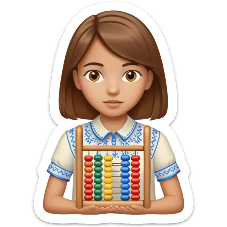 A Ukrainian girl with brown hair in an embroidered shirt holds an Abacus sticker