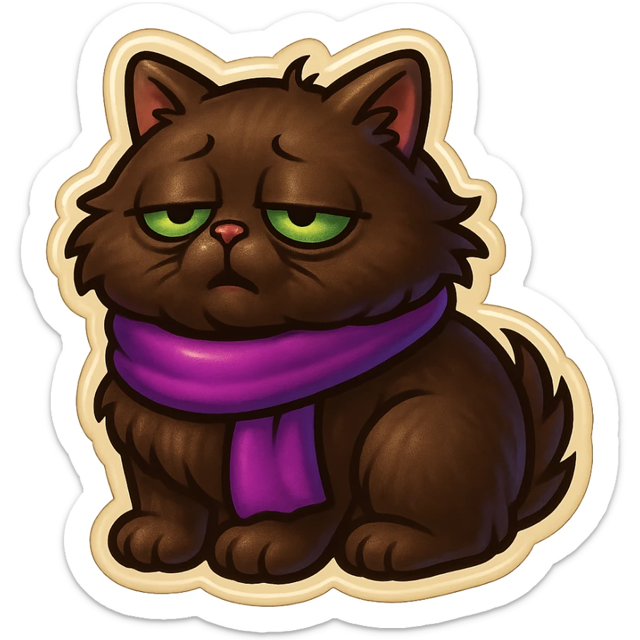 Fluffy sleepy tired dopey cute dark-brown cat with green eyes and a purple scarf  sticker