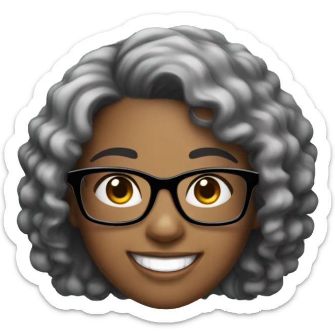 girl with black curly hair, square glasses and a big smile sticker