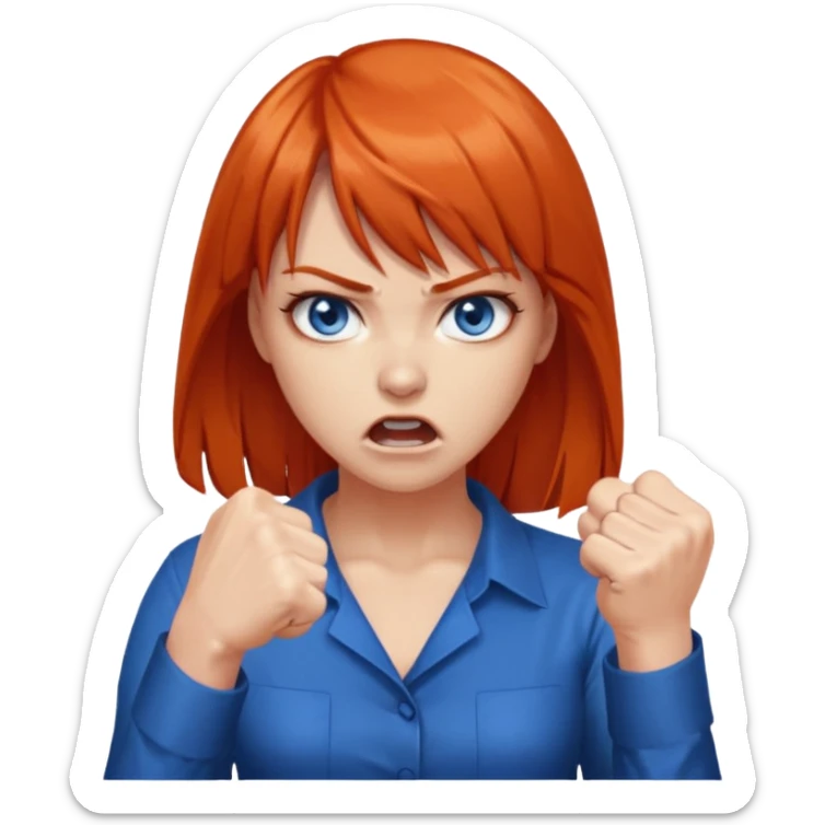 A woman with dark orange hair and bangs, blue eyes, an asmr streamer, angry, clenching his fist sticker