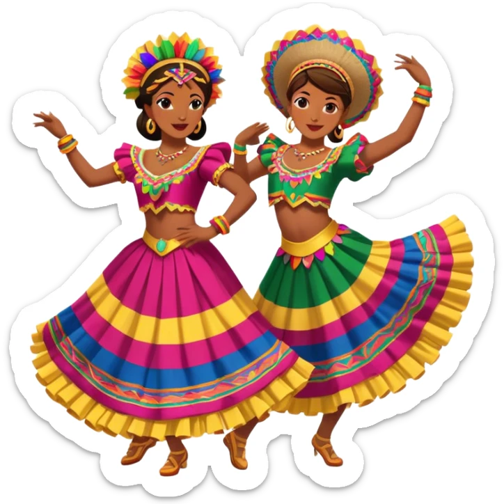 Cinematic Realistic scene of two dancers performing Cumbia, adorned in colorful traditional Colombian costumes with intricate details, captured in rhythmic motion with lively, festive lighting sticker