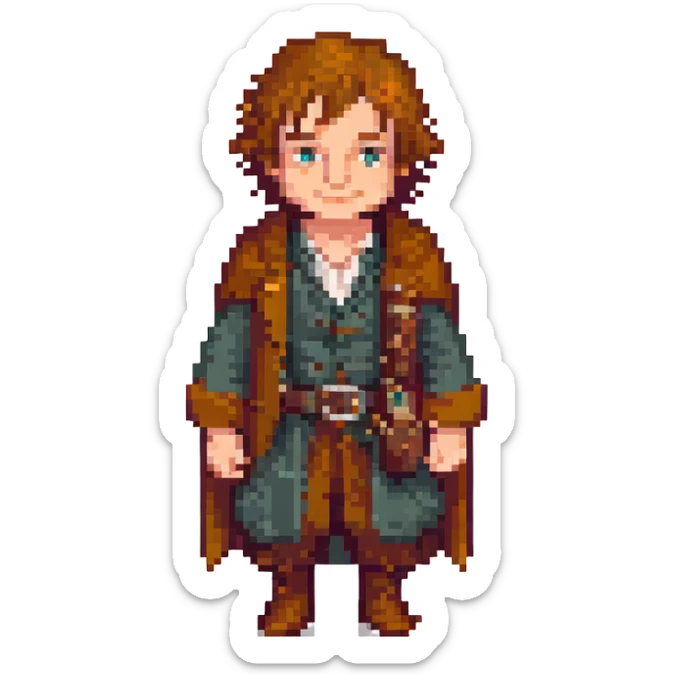 Whole body image of bilbo baggins from the lord of the rings  in pixel art style and formatted to fit emoji size for later adding to slack app sticker
