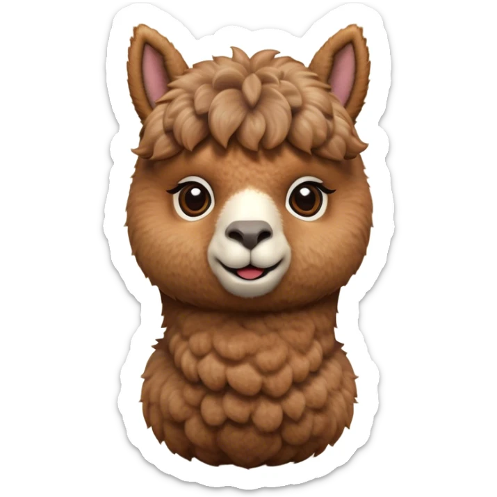 Cinematic Cute Brown Alpaca Portrait Emoji, Head tilted playfully and inquisitively, featuring a plush, rich brown fleece with a natural sheen, round, sparkling warm eyes filled with curiosity, Simplified yet irresistibly adorable features, highly detailed, glowing with a warm, friendly glow, high shine, affectionate and gentle, stylized with a touch of whimsy, bright and endearing, soft glowing outline, capturing the essence of a mischievous yet loving alpaca, so playful it feels like it could prance out of the screen and into your arms! sticker