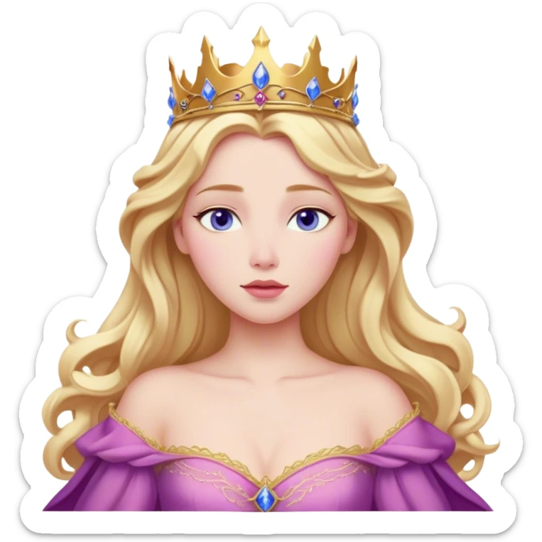 Cinematic Realistic Sleeping Beauty (Aurora) Portrait, with porcelain-like skin featuring a natural rosy flush, illuminated by soft lighting that highlights the gentle contours of her face. Her golden blonde hair flows in soft, detailed waves with subtle highlights that shimmer in the light. Her deep violet-blue eyes radiate warmth and innocence, framed by arched brows and long lashes. Her serene expression exudes quiet elegance. She is dressed in her classic pink gown, the fabric rich in texture with delicate folds that catch the light. A golden crown rests atop her head, gleaming with royal refinement. The portrait captures a soft, glowing aura, blending realism with an ethereal sense of beauty and timeless enchantment. sticker