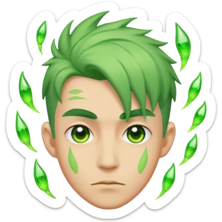 Make an emoji of a 🙎🏼‍♂️with green hair spiking up with a green aura around him sticker