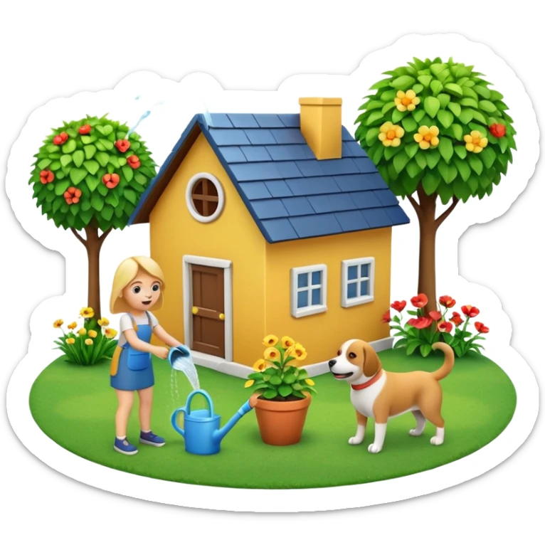 Make a 3D emoji Illustration of A house and there is a woman watering her plants while a dog is playing around on the grass sticker
