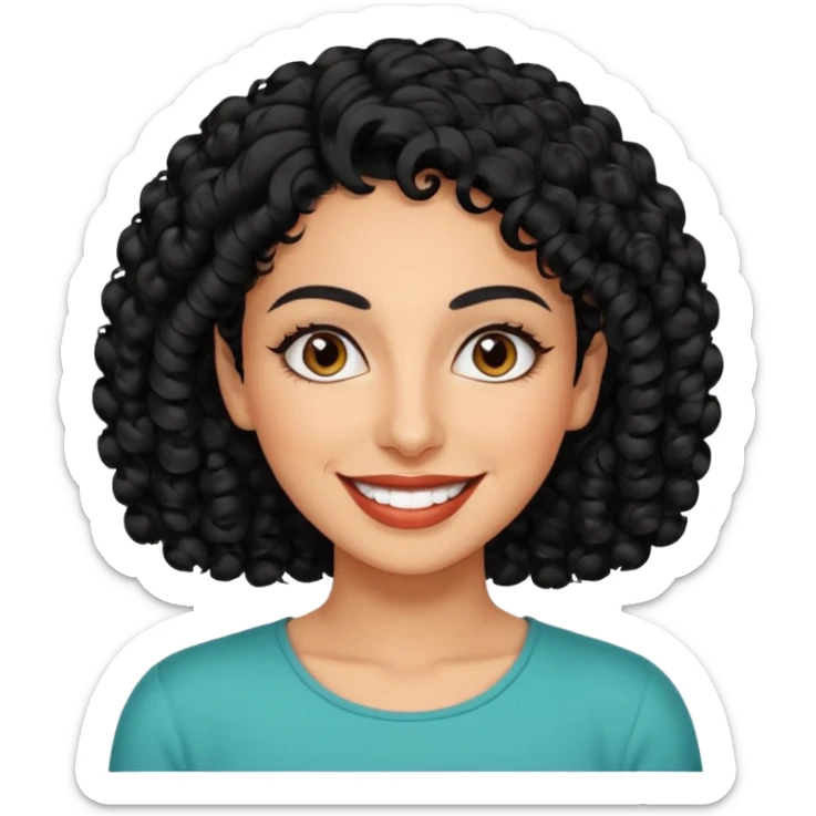 30 year old iranian woman very short curly black hair, big brown eyes, tanned skin, big smile, white teeth, pretty, stylish sticker