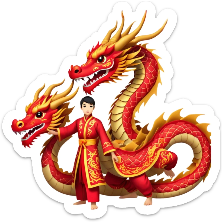 Cinematic Realistic scene of two performers guiding an elaborately designed dragon costume during a Dragon Dance, with vivid traditional patterns and dynamic motion, set under festive, red-tinged lighting sticker