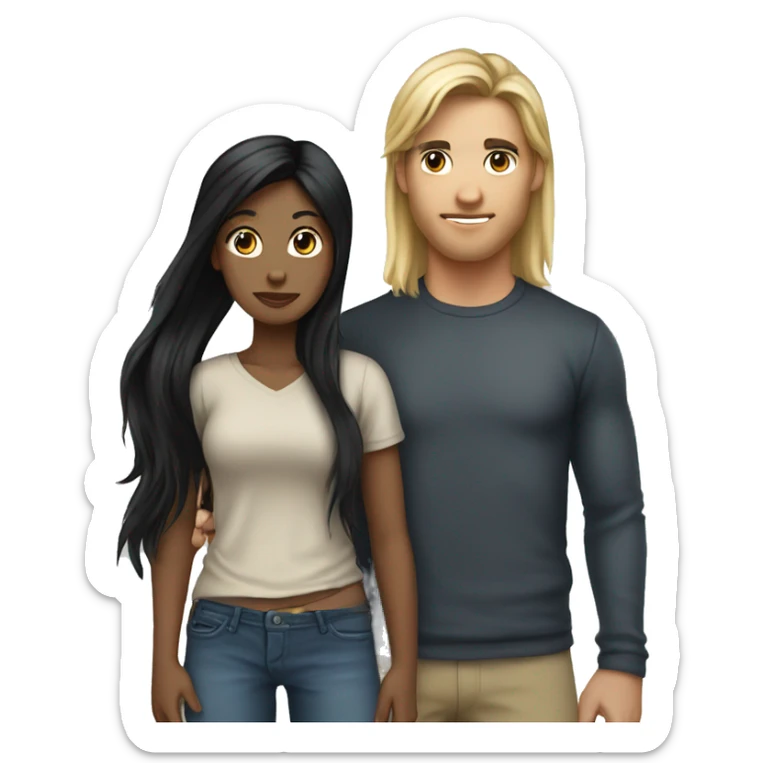 girl with black hair and pony ( hair pony) with piercings holding man with dark blond shoulder long hair sticker