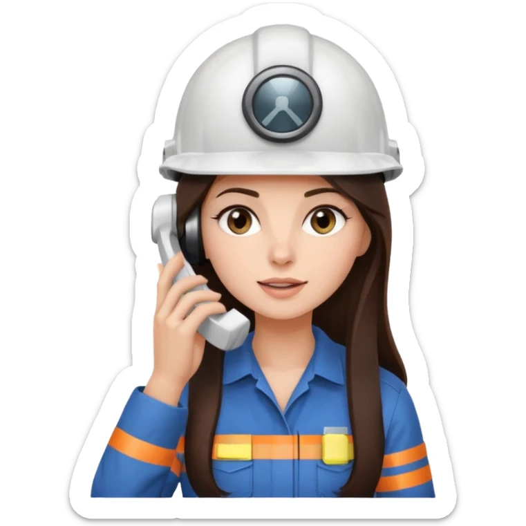 okay now do a brunette girl with long dark brown hair. rolling her eyes like she is annoyed as she is on a phone call (iphone) and is wearing a engineer helmet  sticker