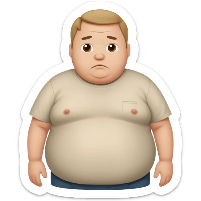 a cartoon fat man holding his stomach wearing t shirt, while looking confused? sticker