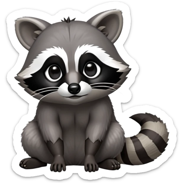 Cinematic-cute Raccoon-Realistic-hunched Full-Body on all fours-Emoji – Tail flicking lazily, head tilted dramatically, thick grey fur with a signature black mask, sharp and alert ears, simplified yet realistic focused features, highly detailed, glowing with an almost sarcastic glow. big black eyes sticker