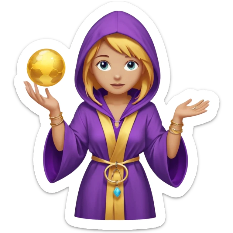 lightly tanned skin, blue eyes, cute and sexy girl with bright yellow-brown hair in a few shades of purple robe with hood, golden rings, slight cute makeup, full body, slightly turned aside pose, holding a magical ball (for future prediction) sticker