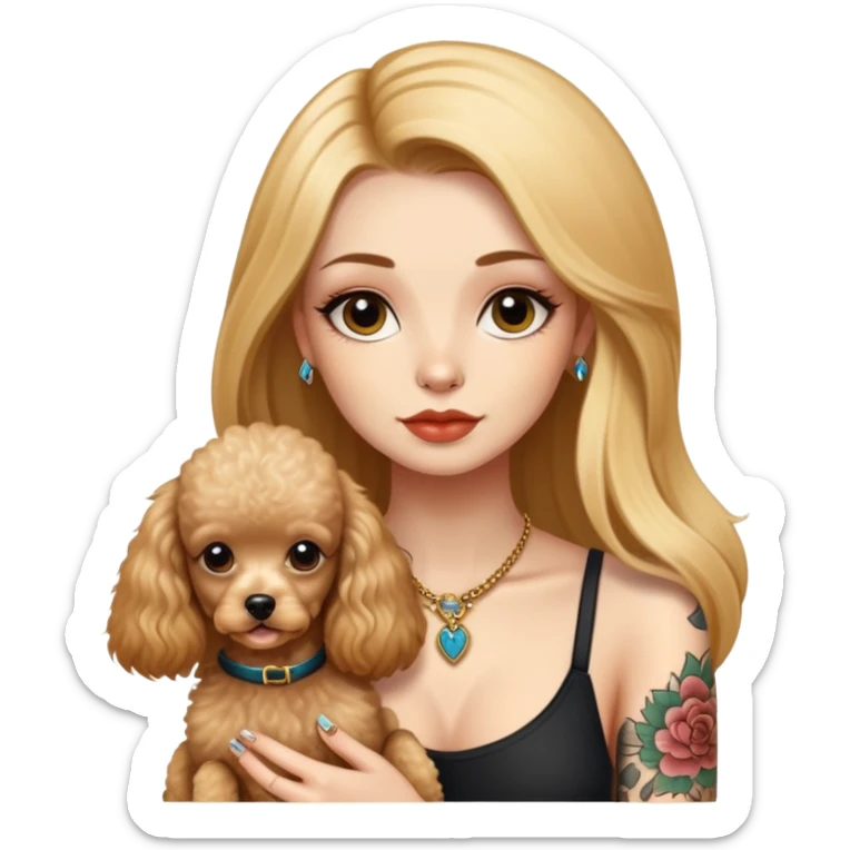 a  girl with glod  straight long hair and tattoos and 2 miniature poodles sticker