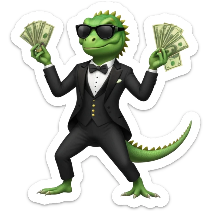capitalist iguana banker in tuxedo and black sunglasses dancing crazy with money sticker