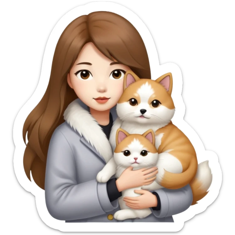 A Chinese fashion girl with brown hair, wearing a light gray fur coat, hugging a Shiba Inu and a long-haired white Persian cat. sticker