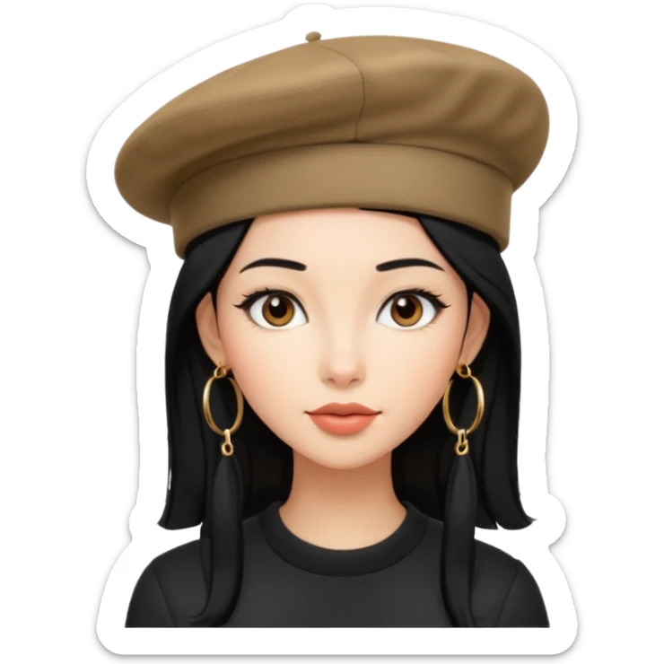 young fashionable woman, long straight black hair, beret, hoop earrings, confident look sticker