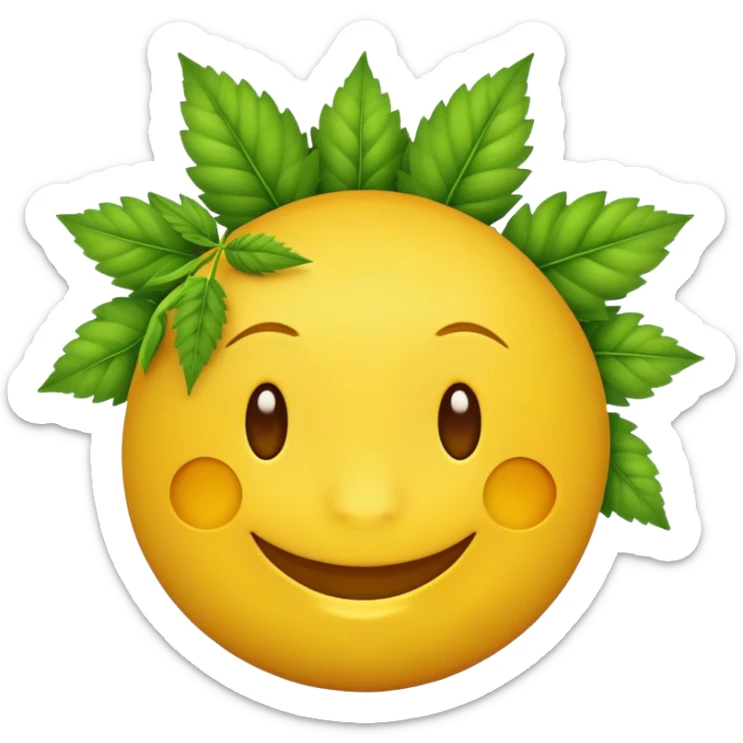 yellow round emoji smiling with its eyes close and bunch of hemp leafs around his face  sticker