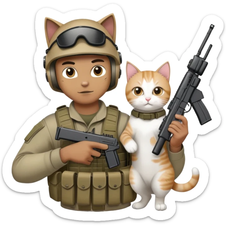 Man in tactical airsoft gear holding a gun in one hand and a white and brown cat in the other hand sticker
