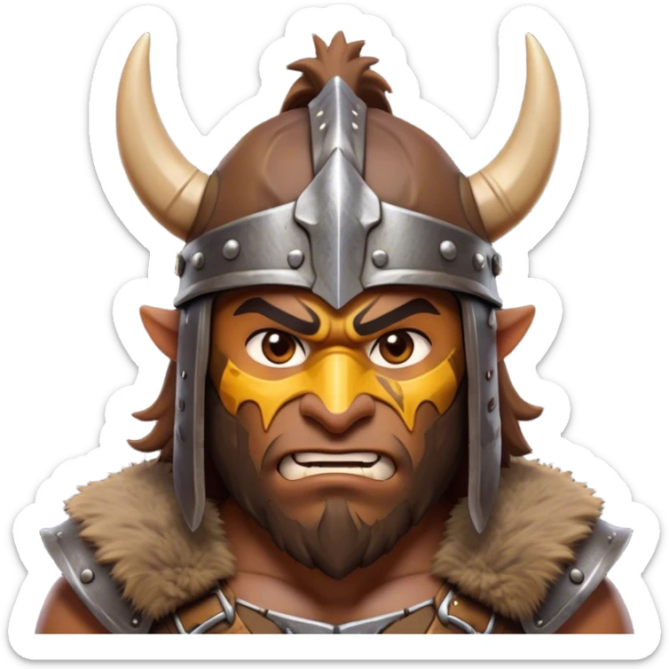 Clash of Clans aesthetic: Cinematic Fierce Barbarian Portrait Emoji, Poised and bold with a rugged yet cartoonish build in tattered furs and a horned helmet, expressive bright eyes and a confident smirk, Simplified yet dynamic features, highly detailed, glowing with a vivid, adventurous aura, high shine, heroic and spirited, stylized with an air of medieval warrior charm, focused and energetic, soft glowing outline, capturing the essence of a fearless barbarian adventurer ready to lead his clan with spirited valor! sticker