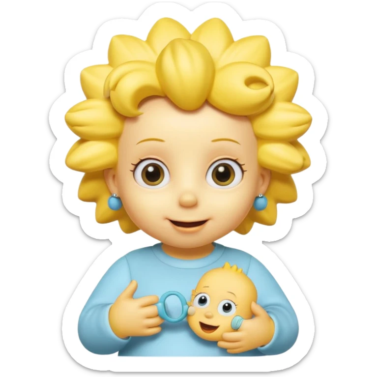 A 3D cartoon baby character fully yellow skin, styled like Maggie Simpson, with pacifier, big eyes, smooth shading, Memoji-style rendering, consistent with other yellow Simpsons characters. sticker