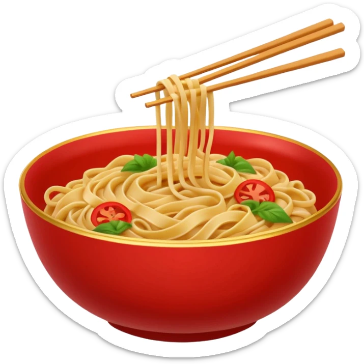 Chinese cuisine humanless avatar in bright emoji-style illustration. Noodles bowl, red and gold colors, simple shapes, flat design, bold and energetic. sticker