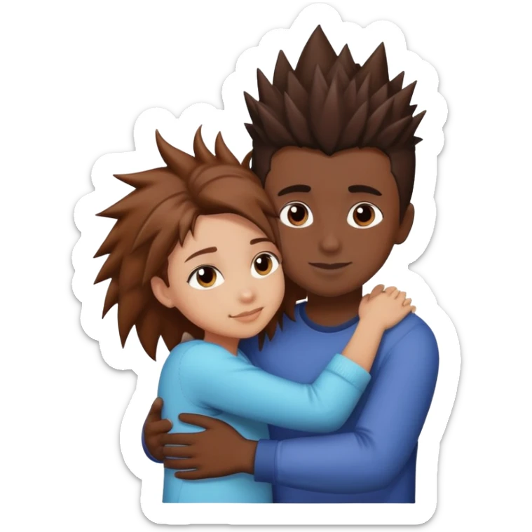A girl with brown hair and light skin, is hugging a boy in a little dark skin with front spike hair sticker