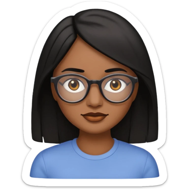 A woman emoji with medium-dark skin, straight shoulder-length black hair parted to the side, an oval-shaped face, arched dark eyebrows, large brown eyes with glasses, a small nose, and natural-toned lips. sticker