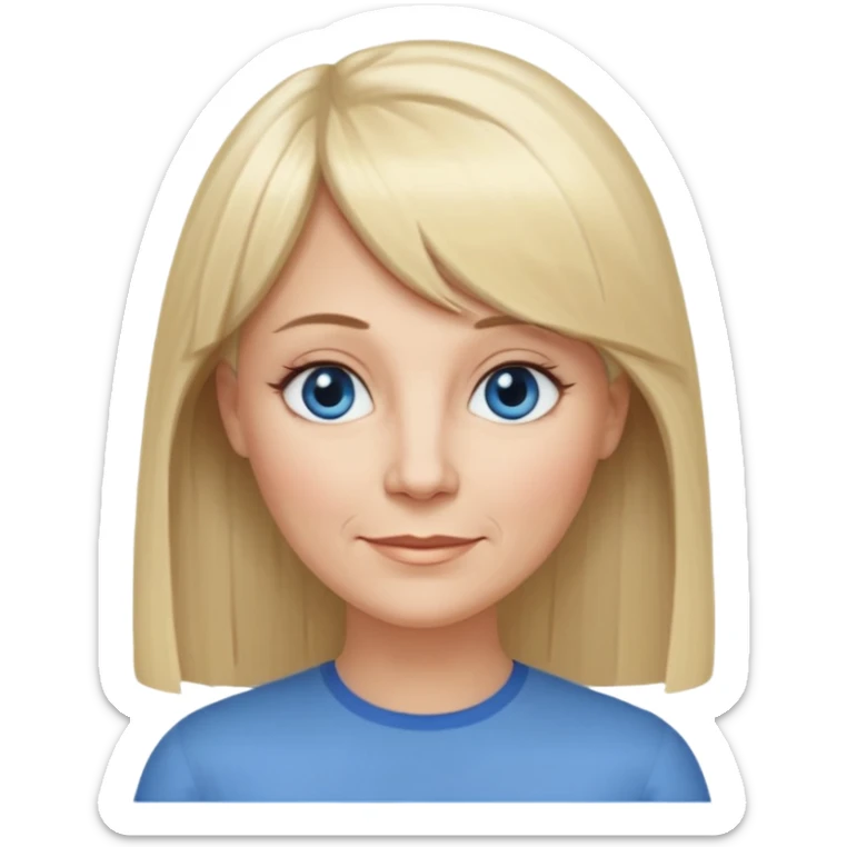 50 yr old white woman, hippe part bangs, very long straight blond hair, oval face, small smile, blue eyes, thin face, hair downback, hair parted at center of head, round cheeks, pale, longer hair sticker