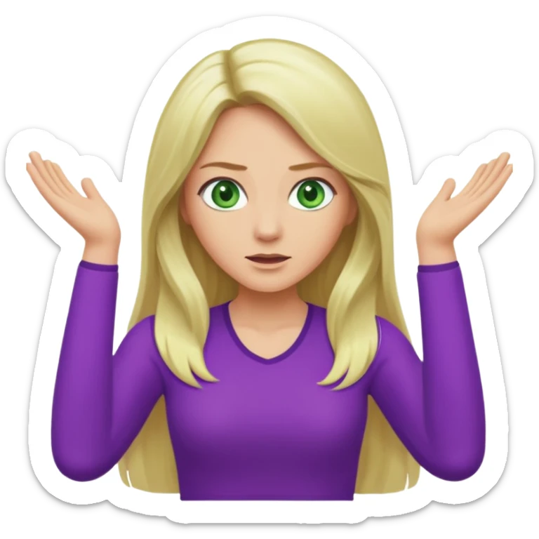 lady with long blonde hair, green eyes and purple top throwing arms in the as if confused sticker