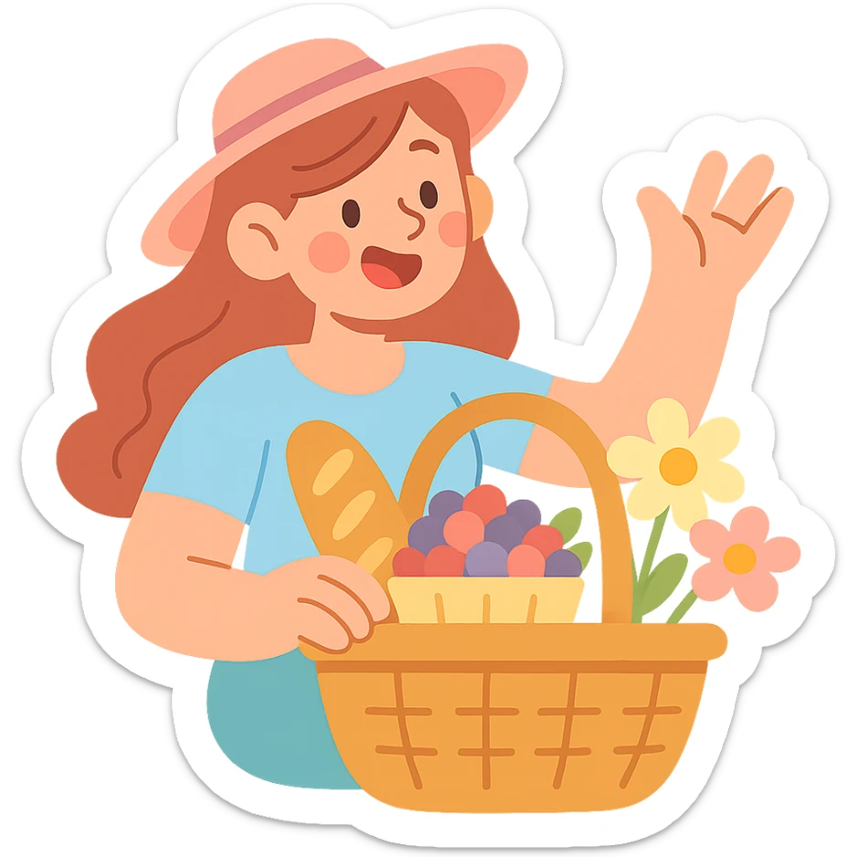 picnic basket with berries, bread, and flowers in warm pastel shades, pastel-toon style sticker