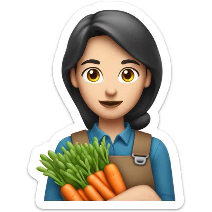 farmer brunette white woman with bunch of peas and carrots in her hands from the garden with gloves on, frowning sticker