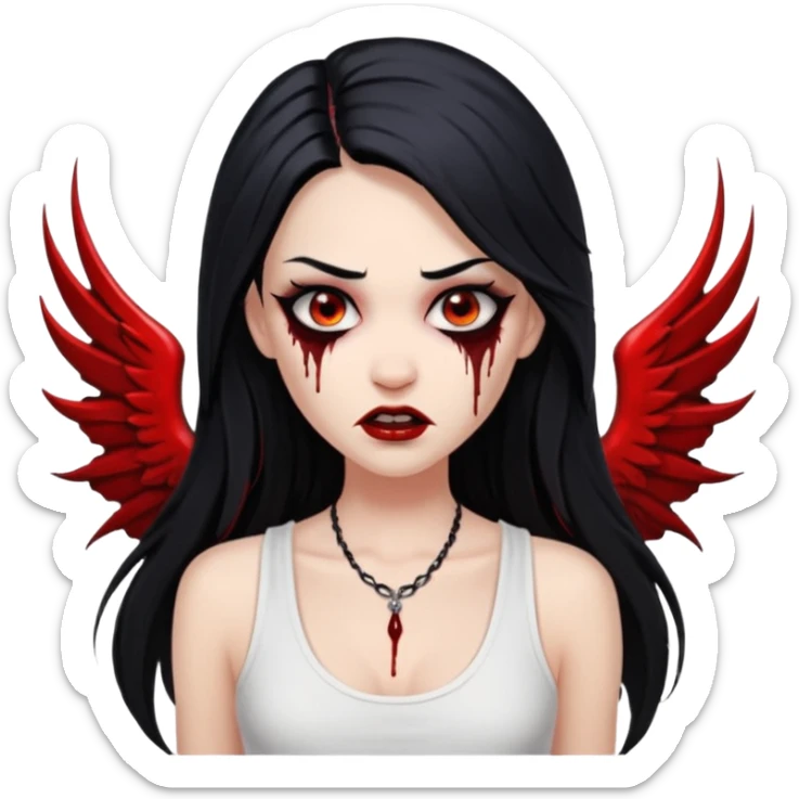White woman with a white tank top long black hair glossy middle part long hair vamp look with fangs or blood dripping brown eyes eyeliner winged with lashes top and bottom sticker