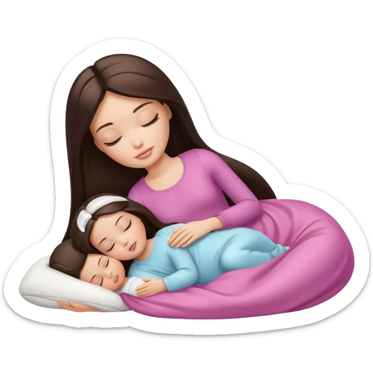 White Barbie girl dark brown long straight hair sleeping with white baby at cream bed sticker