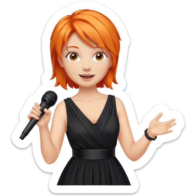 singer, Middle age, orange hair, happy, holding mic, wearing dress sticker