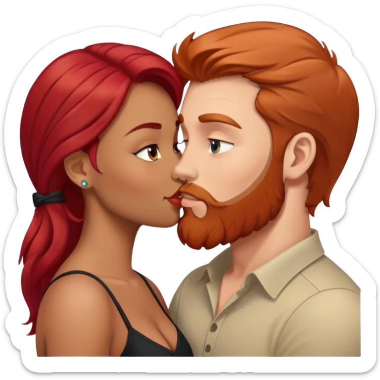 kiss emoji with a white man with brown hair and beard, kissing a latina girl with redhair sticker