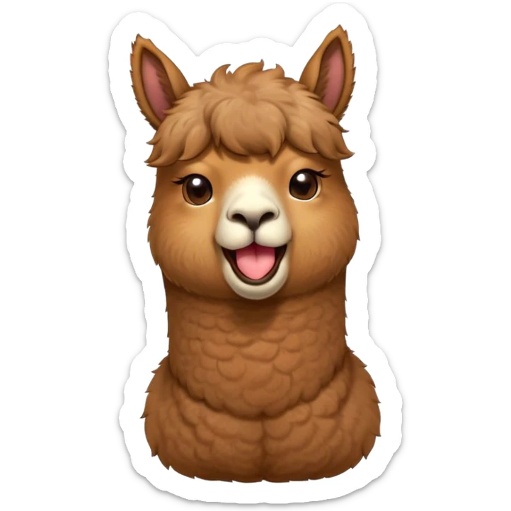 Cinematic Cute Yawning Brown Alpaca Portrait Emoji, Head tilted slightly with a dramatic, wide-open yawn, showcasing a soft, plush brown fleece with gently drooping ears, round warm eyes barely open in drowsy contentment, Simplified yet irresistibly adorable features, highly detailed, glowing with a soft, cozy glow, high shine, relaxed yet expressive, stylized with a touch of whimsy, bright and endearing, soft glowing outline, capturing the essence of a sleepy yet affectionate alpaca, so drowsy it feels like it could stretch out of the screen and curl up for a nap! sticker