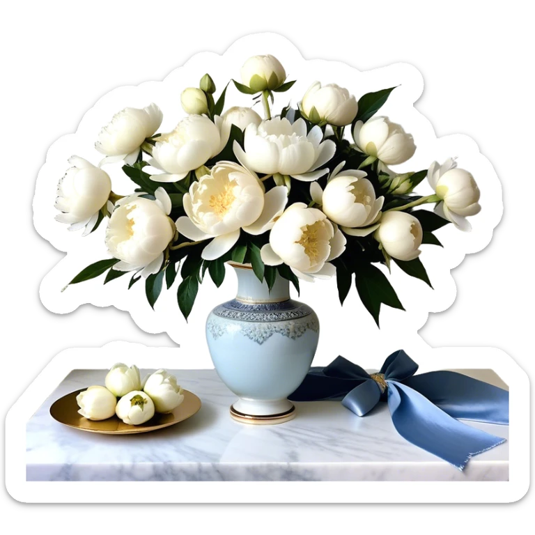 An intricately detailed porcelain vase with gold accents cradles a cascading bouquet of white peonies, tinged with hints of sky blue. Around the neck of the vase, a dusty blue velvet ribbon is artfully tied into a loose bow, its ends draping gracefully over the table’s edge. A few petals have delicately fallen onto the tabletop, resting beside a strand of soft pearl beads, adding a sense of quiet romance and nostalgia to the composition.


 sticker