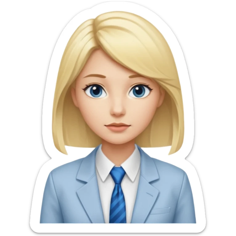 une femme blonde jolie avec des jolies traits avec une chemise blanche et une veste a manche longues et cravate bleu sticker