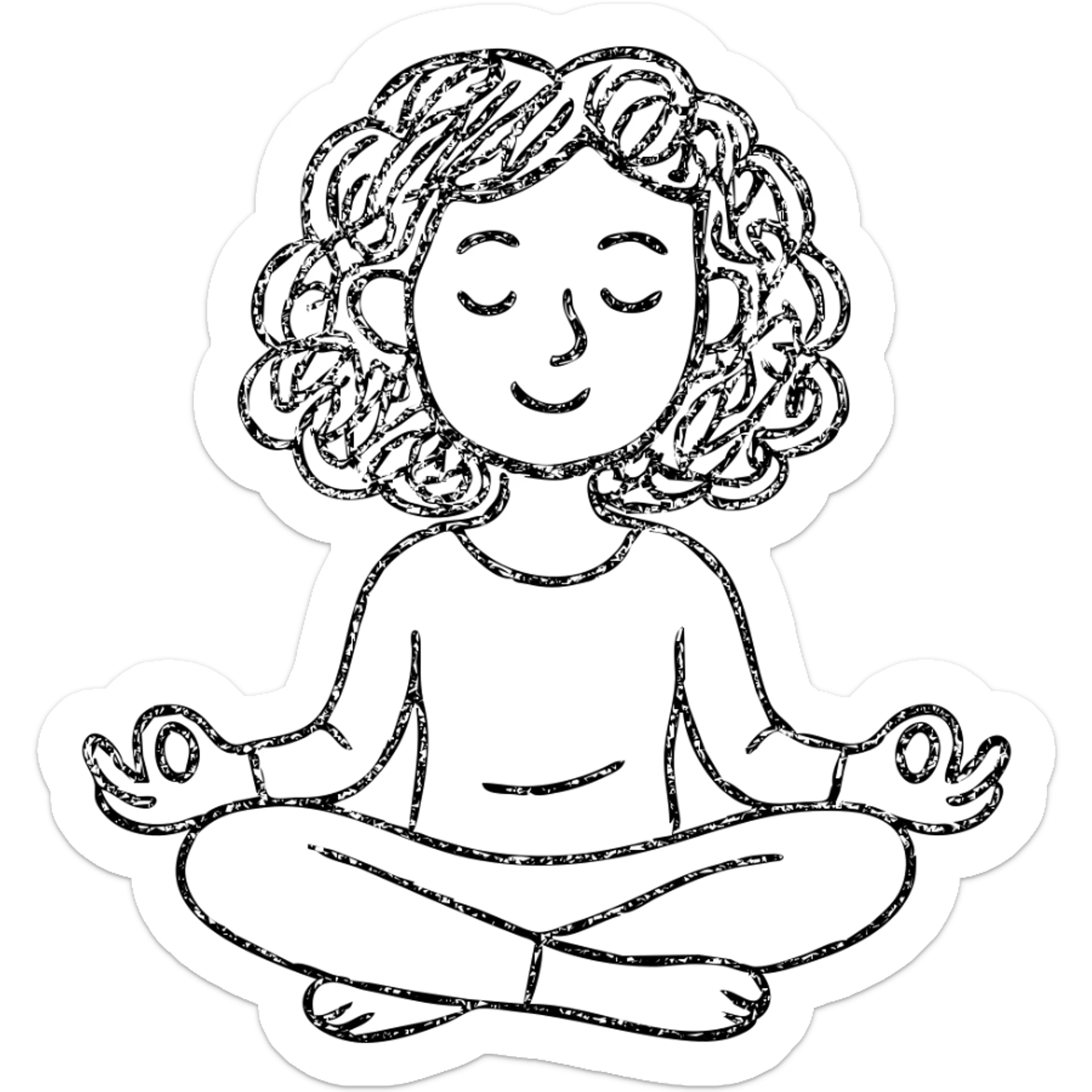 brunette girl with curly hair meditating, sitting cross-legged, hand drawn outlined icon sticker